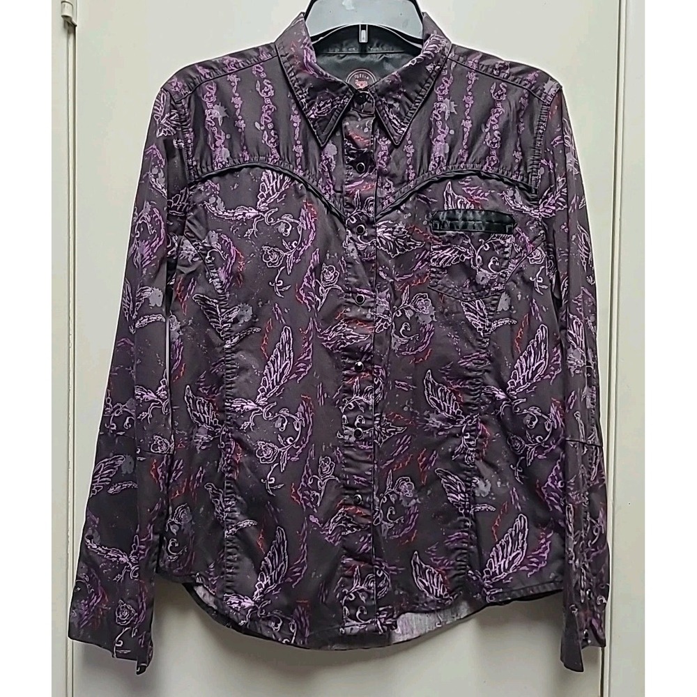 Twenty‎ X ultra fit black snap Button Up purple western shirt women's size L